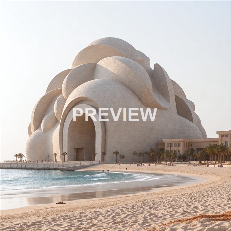 The image features a large, modern building with an organic, shell-like design, situated on a beach with palm trees, sand, and water in the foreground.
